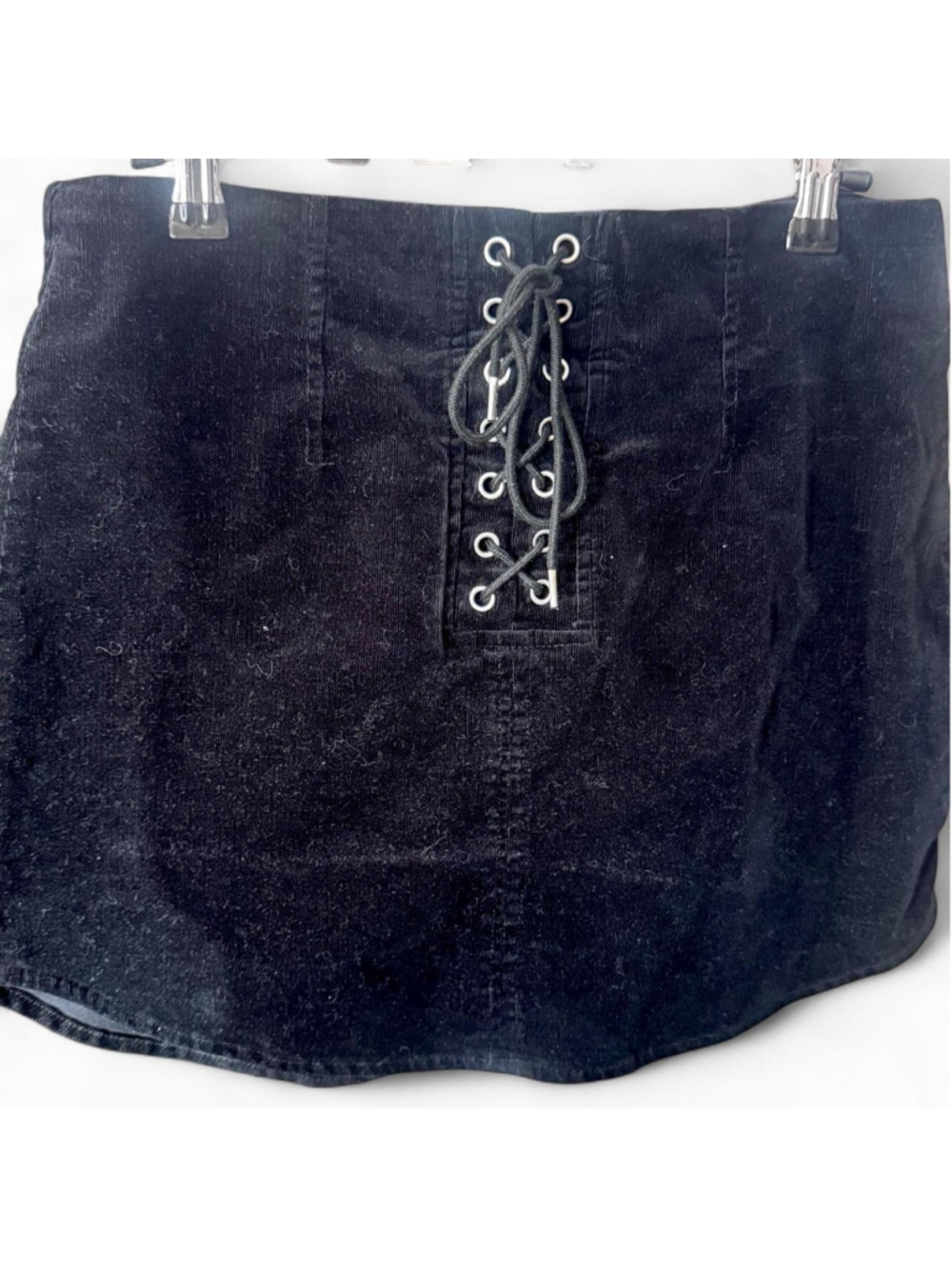 Black velvet mini skirt with lace up detail Women's Small
